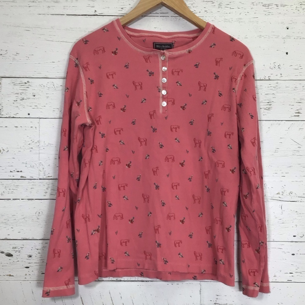 Bit & Bridle Western Horse Floral Henley Top Carnation Pink Size XL​​​​​​​